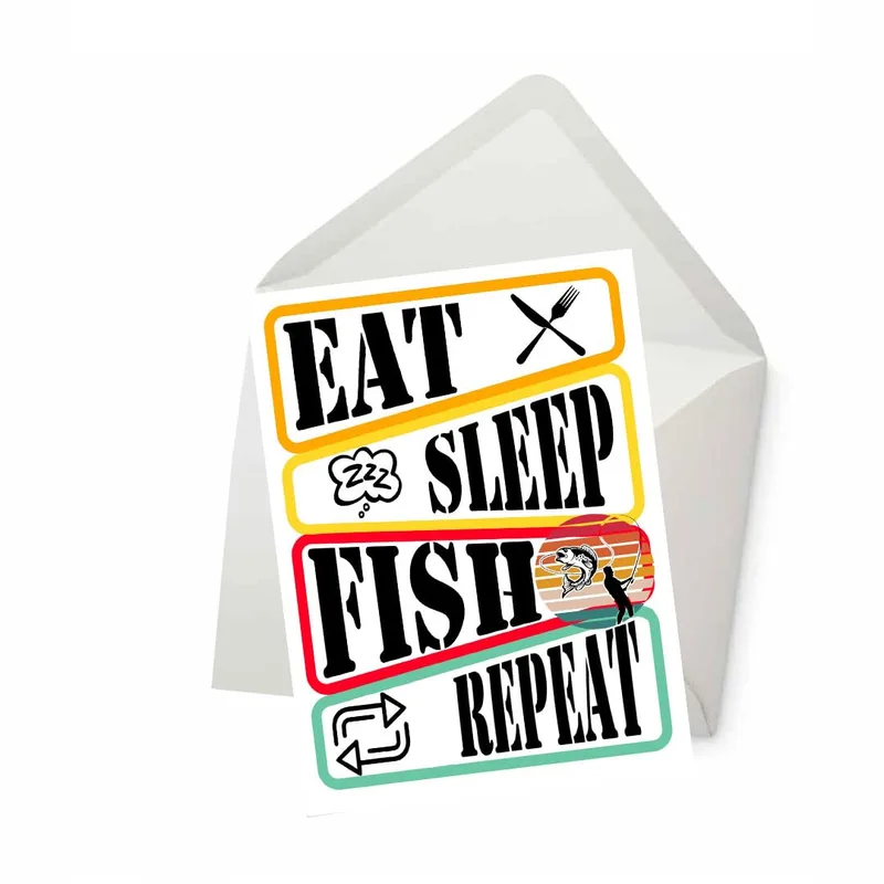 Fishing Retro Sticker Badges Card featuring Eat Sleep Fish Repeat text