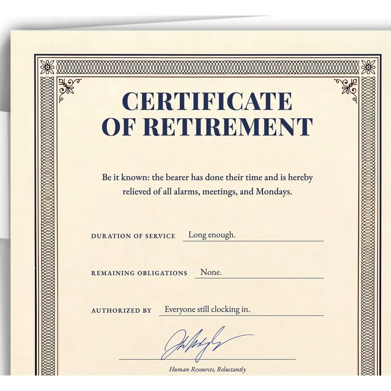 Certificate Navy Border Retirement Card features a humorous