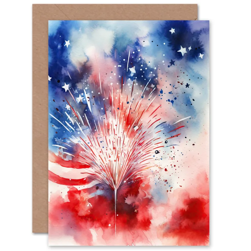 Blue Red Watercolor Fireworks Card