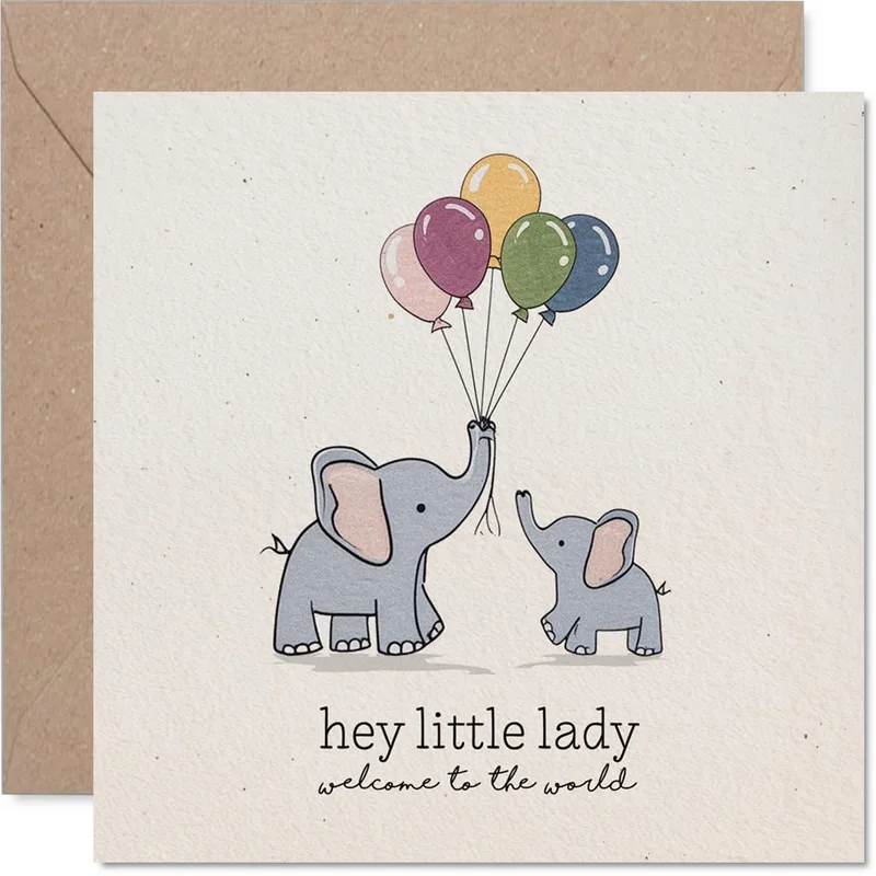 Elephants Balloons New Baby Card Hey Little Lady Welcome