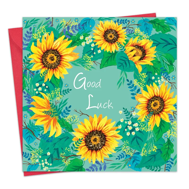 Sunflower Wreath Teal Good Luck Card for Her Retirement