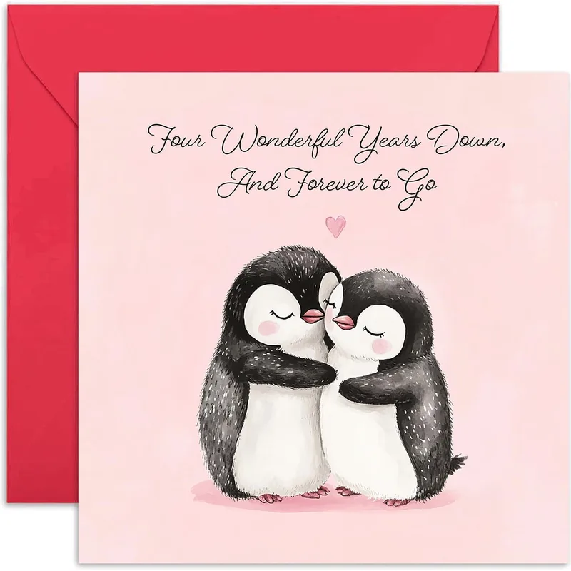 Penguin Couple Pink Background Card: Celebrate Four Years of Marriage