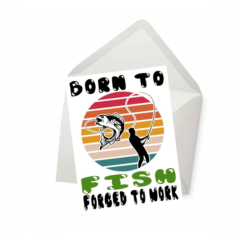 Retro Sunset Fish Graphic Card: Born to Fish Forced to Work Design