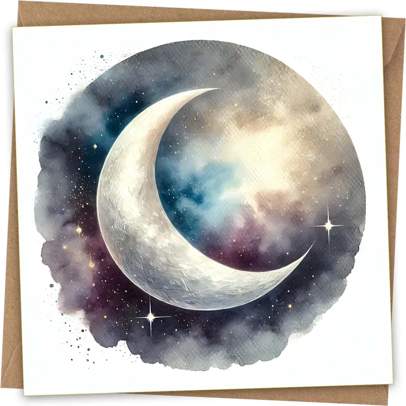 Crescent Moon Galaxy Watercolor Card for Night Sky Lovers