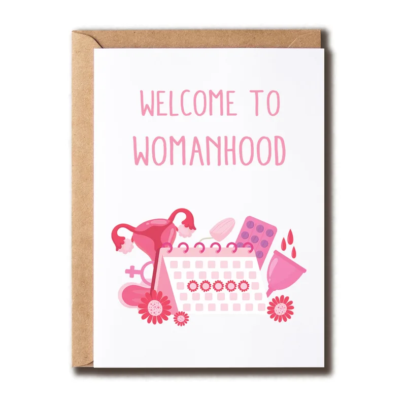 Pink Womanhood Illustration Card Celebrates Female Biology with Humor