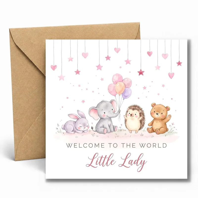 Animals Balloons Pastel New Baby Card – Greeting Card in natural