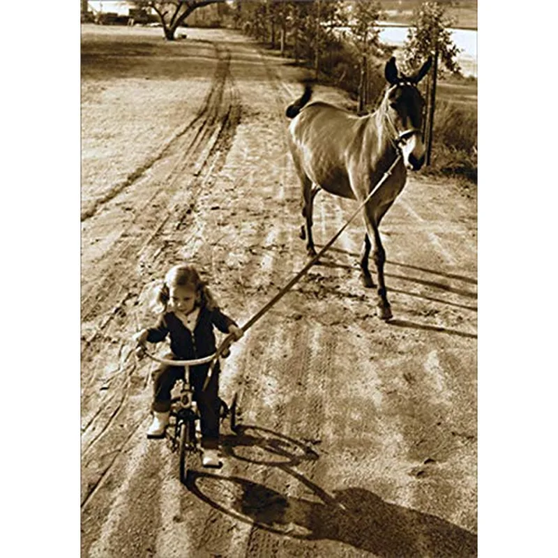 Sepia Girl Leading Mule Card: A Nostalgic Retirement Tribute