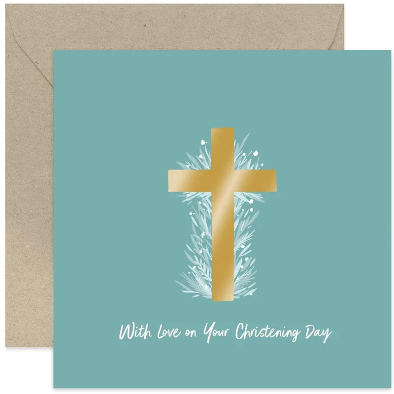 Teal Gold Cross Card features a metallic gold cross