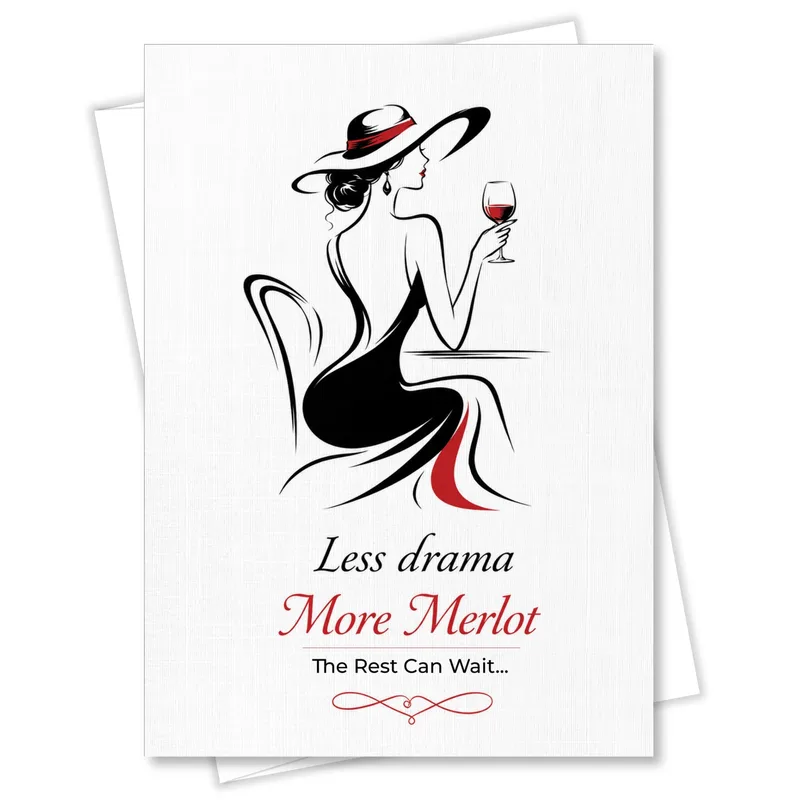 Woman Silhouette Wine Glass Card: Less Drama More Merlot