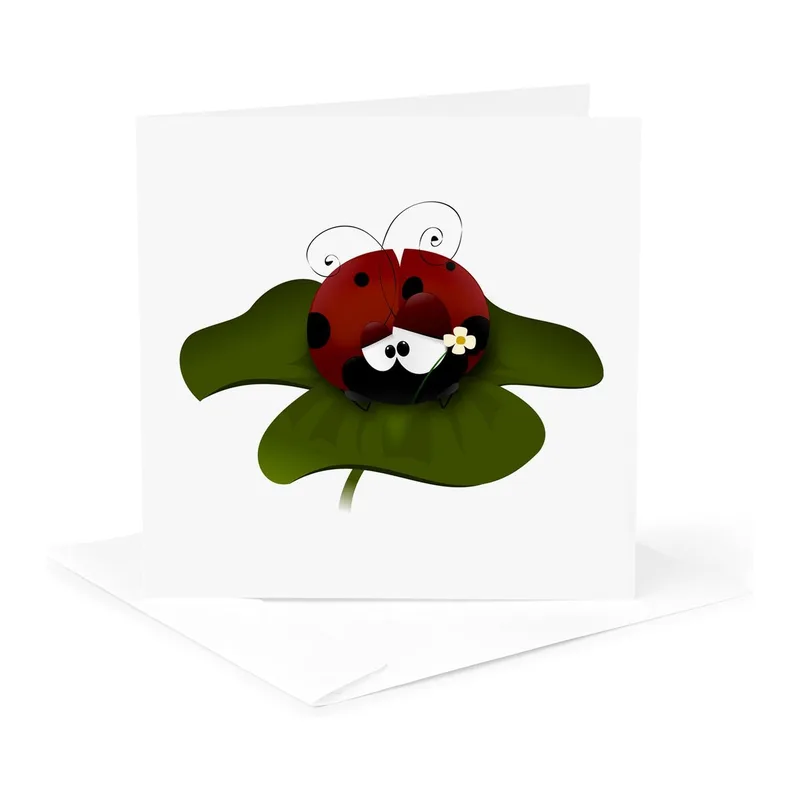 Ladybug on Green Leaf Card – Cartoon red ladybug holding a white flower on a green leaf – Greeting Card in natural