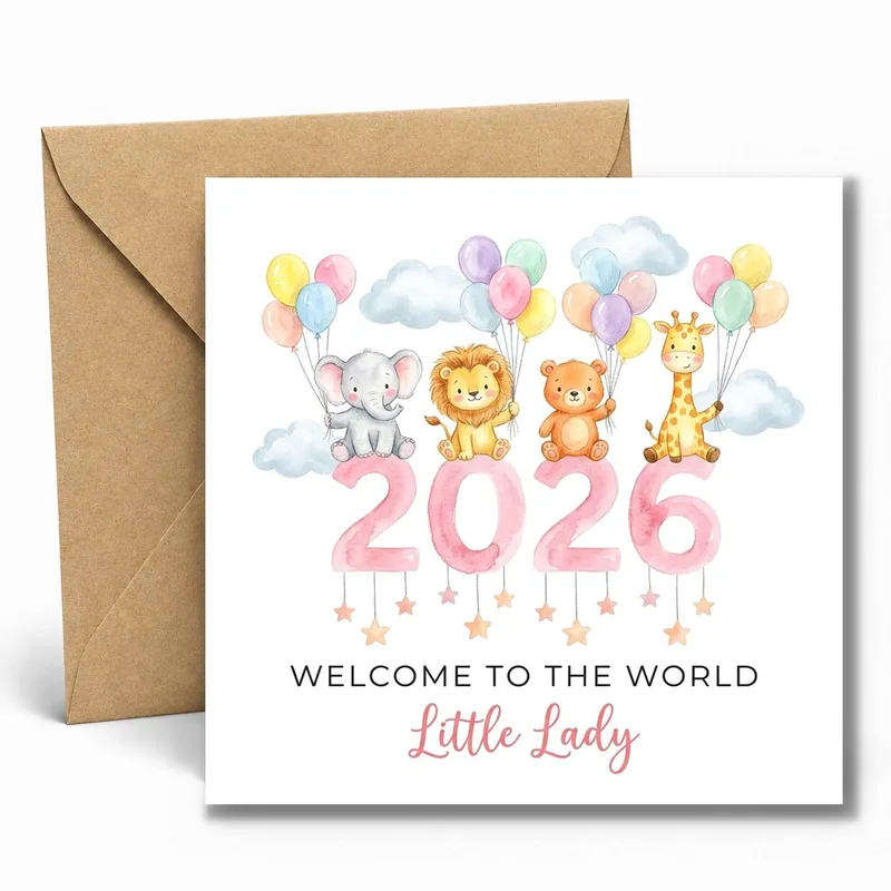 2026 Animals Balloons New Baby Card for a Little Lady
