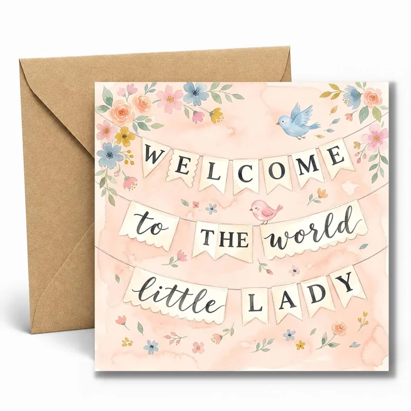 Bunting Banner Pastel New Baby Card Welcome Little Lady Floral Design