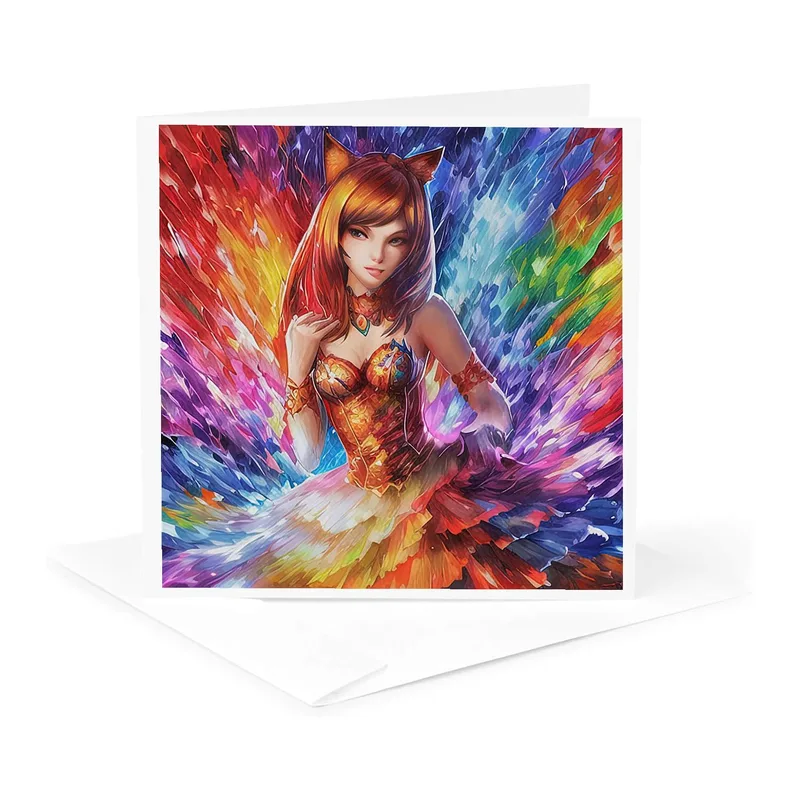 Colorful Redhead Fantasy Woman Card: A Vibrant Feline Heroine