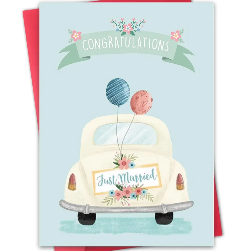 Just Married Card: A Cream Car With Balloons and Blooms