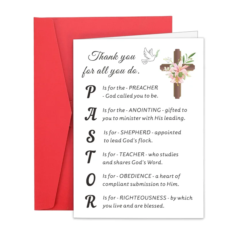 Thank You Pastor Card – Thank you for all you do, PASTOR acrostic card with cross and lilies – Greeting Card in black