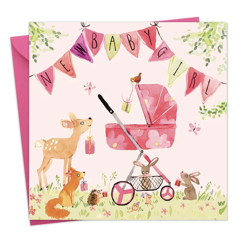Pink Watercolor Woodland Pram Card for New Baby Girl Celebrations