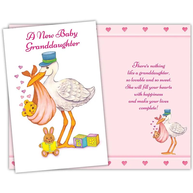 Granddaughter Stork Card – Stork carrying pink bundle; “A New Baby Granddaughter” – Greeting Card in black