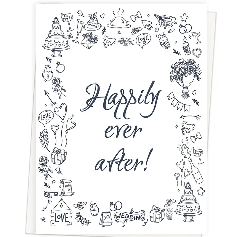 Happily ever after Love Card: A Navy Wedding Doodle Border