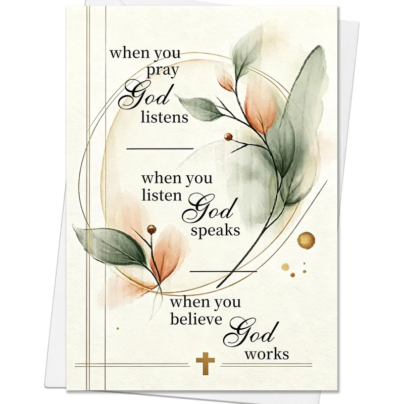 Pray God Listens Card: Watercolor Leaves and Gold Circle