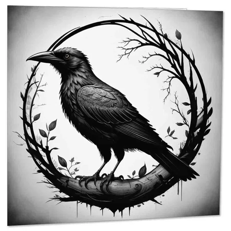 Gothic Crow Card: a black crow on a bare branch wreath