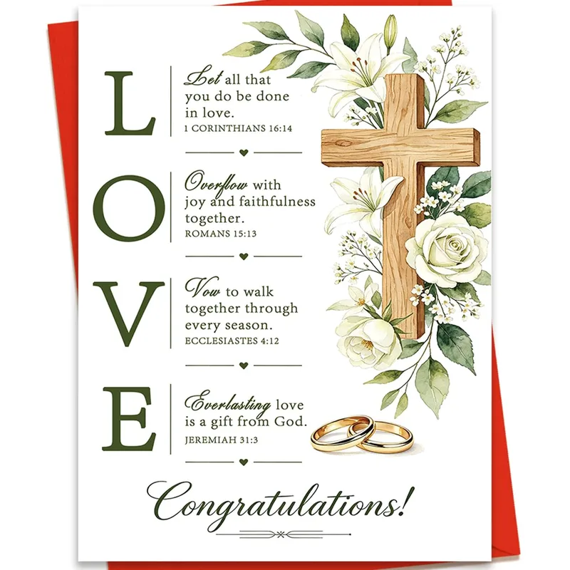 Christian Wedding Card with a Wooden Cross and Florals