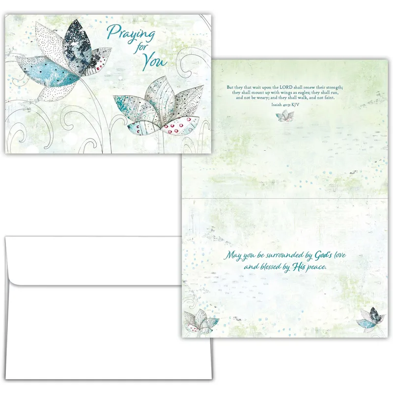 Praying for You Card with Teal Watercolor Leaves and Scripture