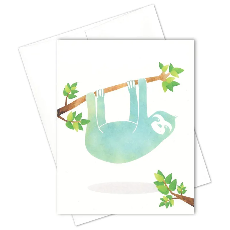 Sloth Lover Card – Mint watercolor sloth hanging from a branch with green leaves – Greeting Card in black