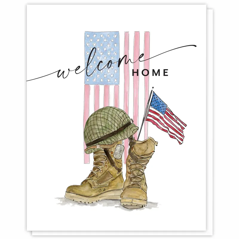 Military Welcome Home Card: Boots, Helmet, and Flag Design