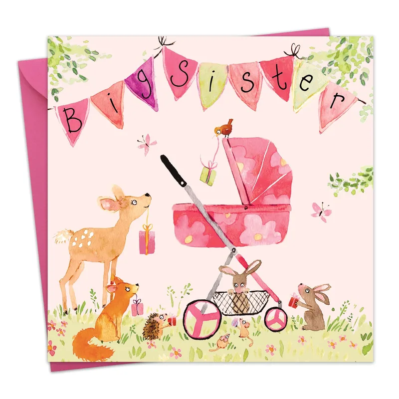 Big Sister New Baby Card with Woodland Pram Art