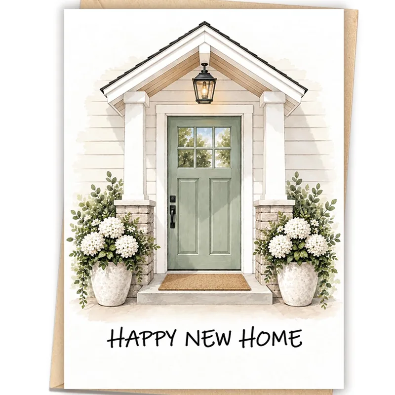 Green Door Watercolor House Card for a New Home
