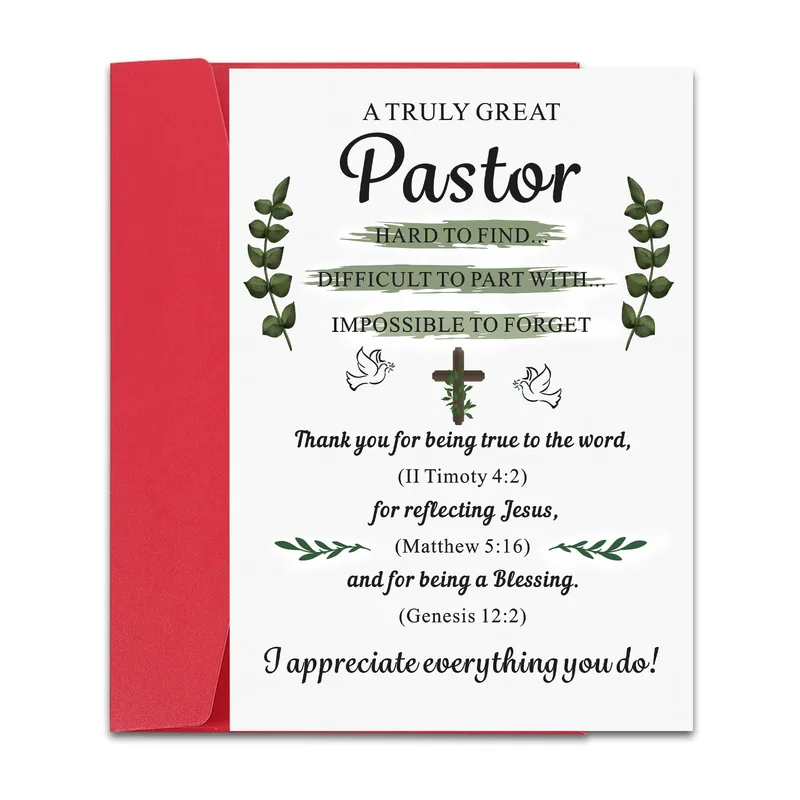 Christian Pastor Card with Leaves, Cross and Doves