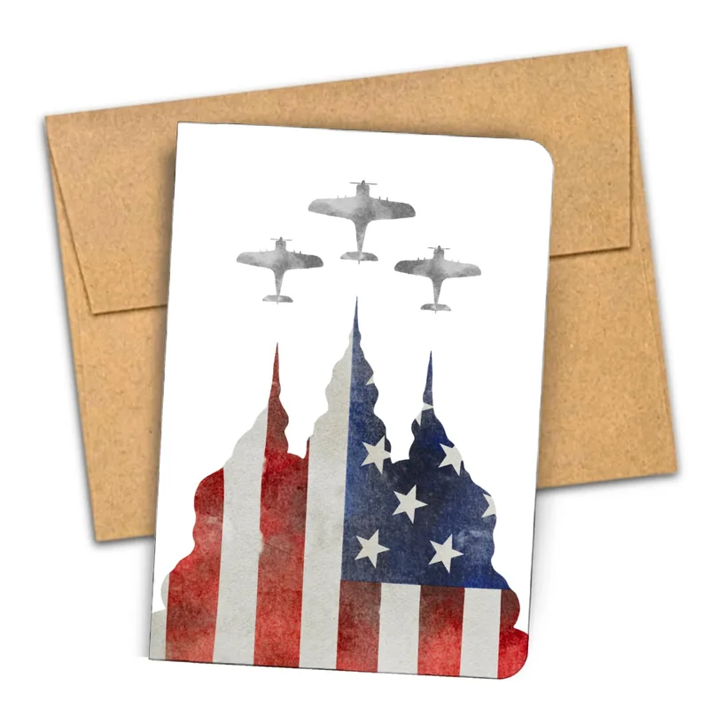 Military Flyover Card with Stars and Stripes Airplanes