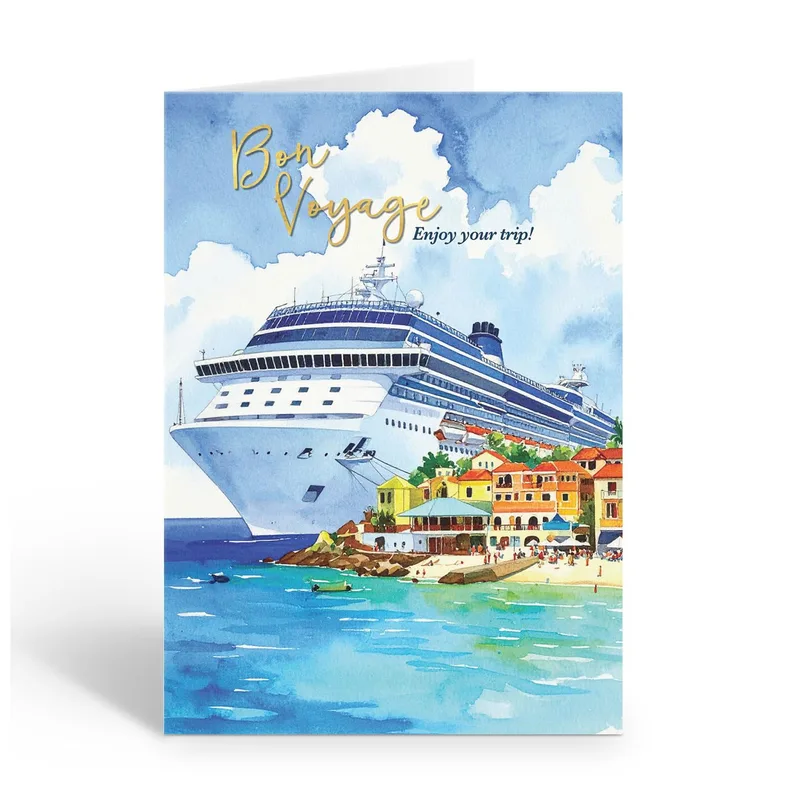 Bon Voyage Card with a Watercolor Cruise Ship Harbor