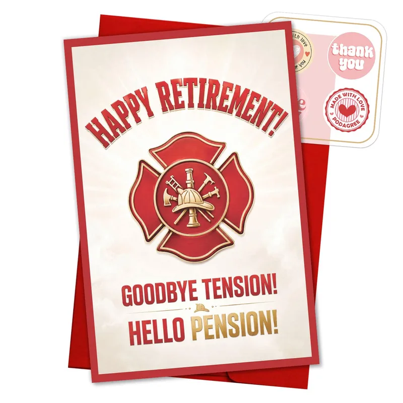 Firefighter Retirement Card – Red Maltese cross badge with Happy Retirement and Hello Pension text – Greeting Card in black
