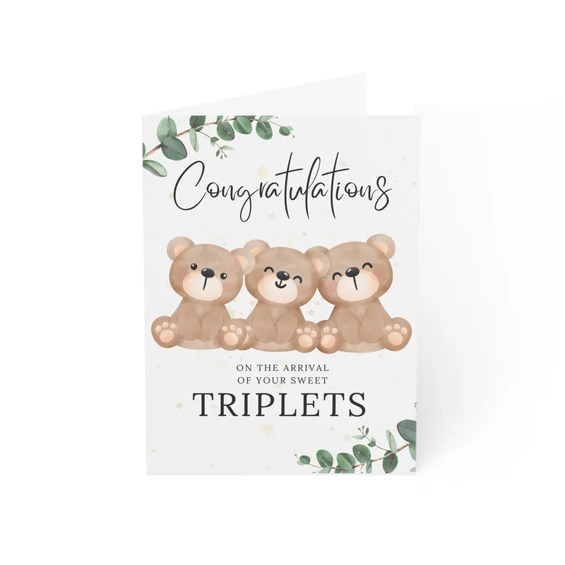 Triplets Congratulations Card: Three Teddy Bears Sitting Together