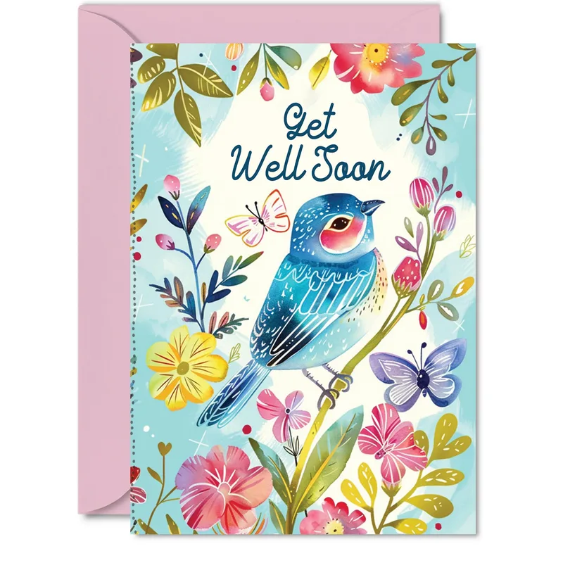 Bluebird Floral Card: Get Well Soon Wishes in Watercolor