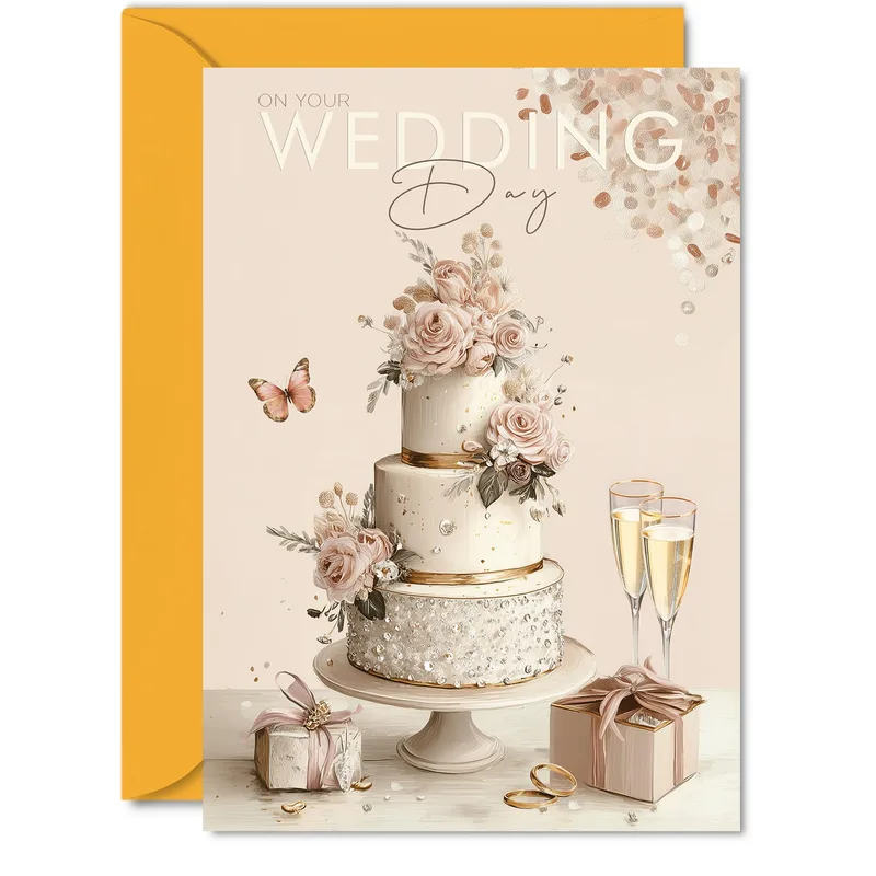 Blush Wedding Card: A Tiered Cake and Champagne Toast