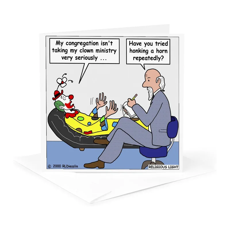 Clown Ministry Card – Cartoon therapy session with clown on couch and therapist – Greeting Card in black