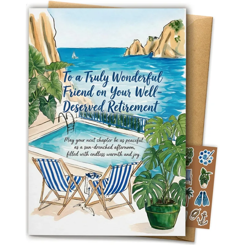 Happy Retirement Friend Card: Seaside Poolside Wishes