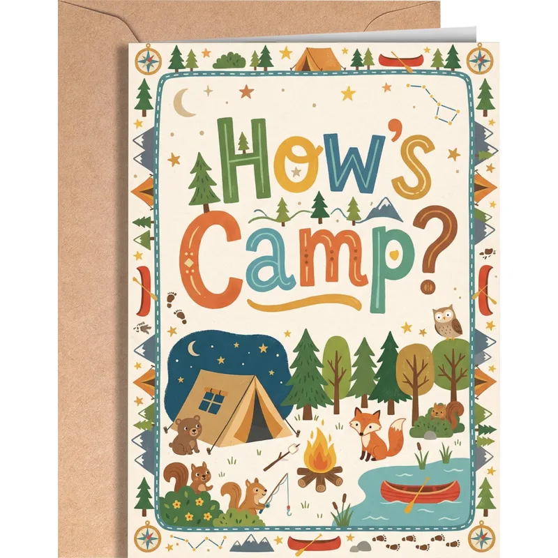 Camping Lover Card – Greeting card reading How’s Camp? with tent, campfire and forest animals – Greeting Card in black