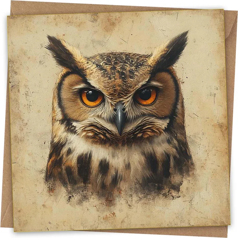 Owl Lover Card: a vintage brown owl portrait