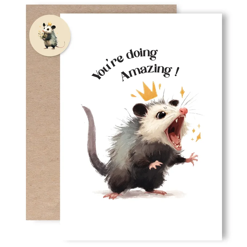 Encouragement Opossum Card – Watercolor opossum with gold crown and “You're doing Amazing!” – Greeting Card in black