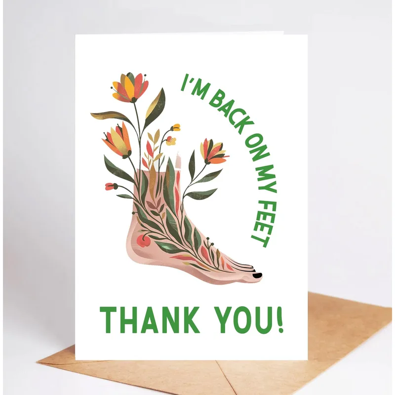 Recovery Thank You Card – Pink floral foot with I'M BACK ON MY FEET and THANK YOU! in green – Greeting Card in black