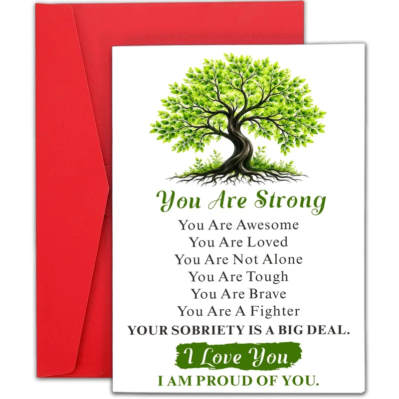 You Are Strong Sobriety Card with a Green Tree Design