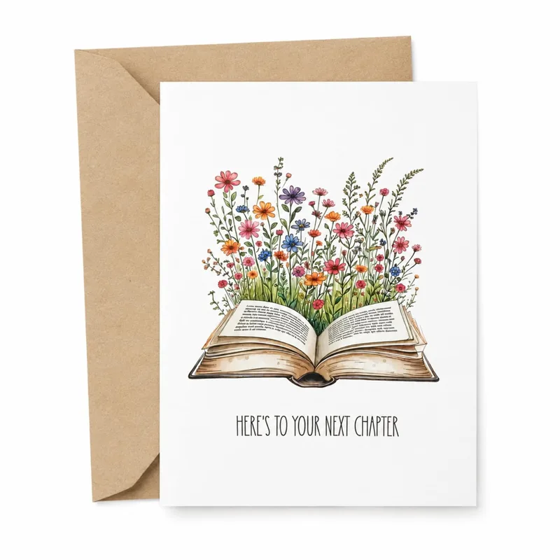 New Job Congrats Card – Open book with wildflowers and “HERE’S TO YOUR NEXT CHAPTER” text – Greeting Card in black