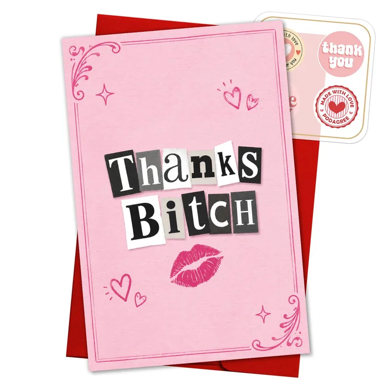 Thanks Bitch Card: Pink Ransom Note Lips Thank You