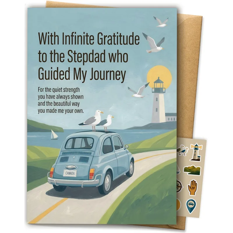 Stepdad Thank You Card: Blue Car by the Coast