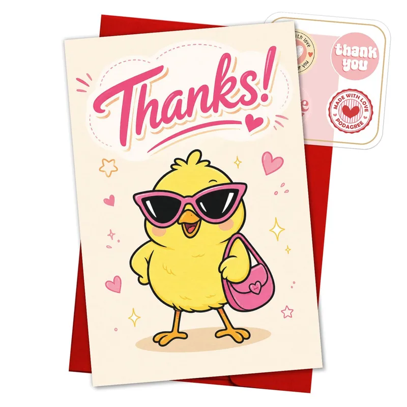 Chick Thank You Card with Pink Sunglasses and a Purse