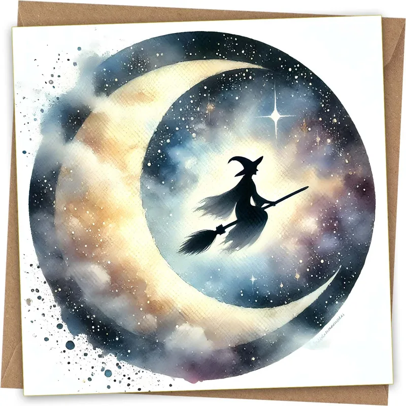 Witch on Broomstick Card: A Watercolor Night Flight