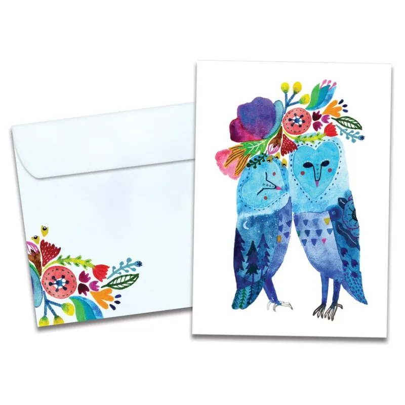 Owl Couple Card: Blue Watercolor Owls Sharing a Floral Crown